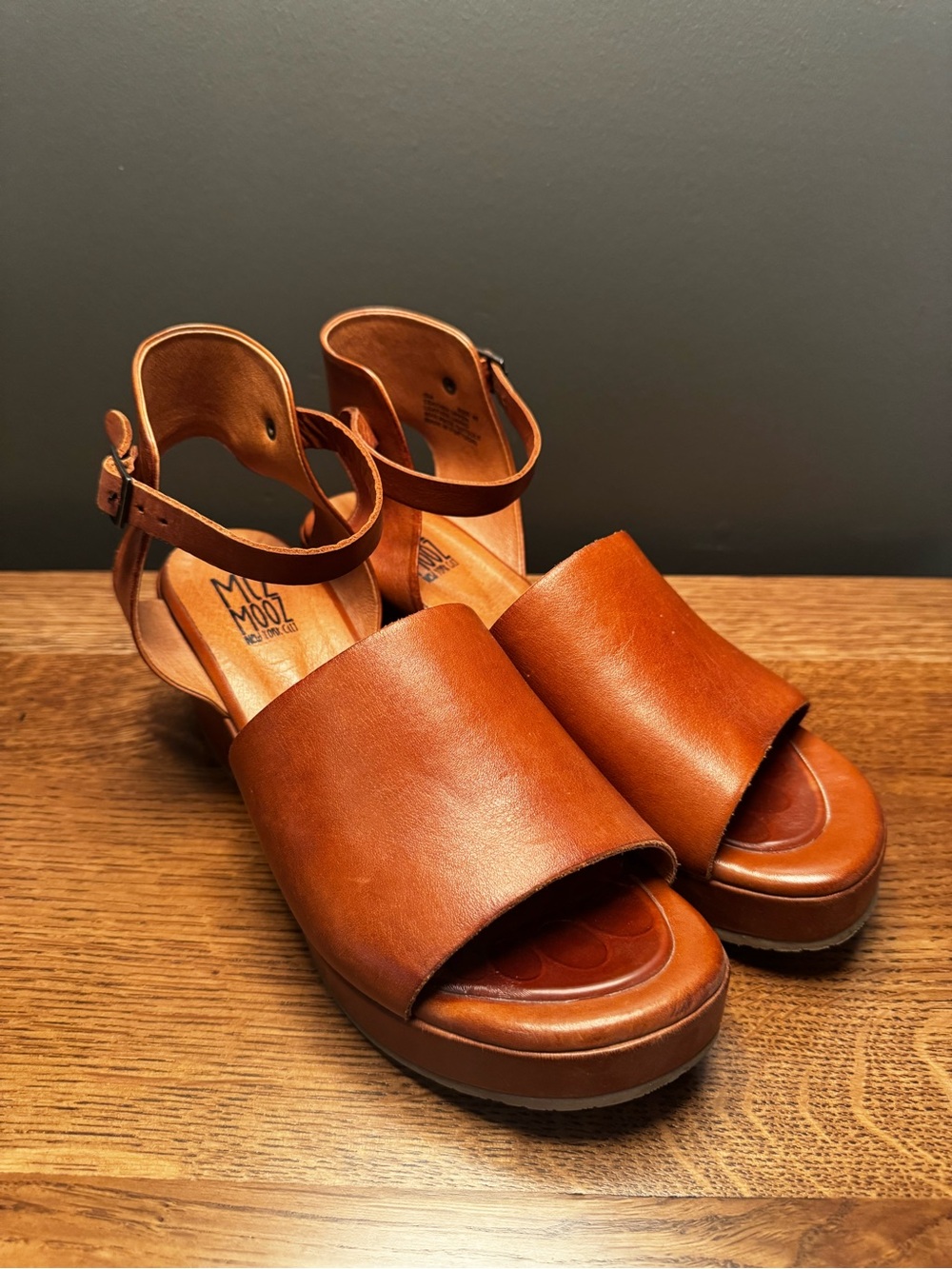 Miz Mooz “Gia” Cognac Leather Platform Wedge Sandals - size 40, approx 9-9.5 US
